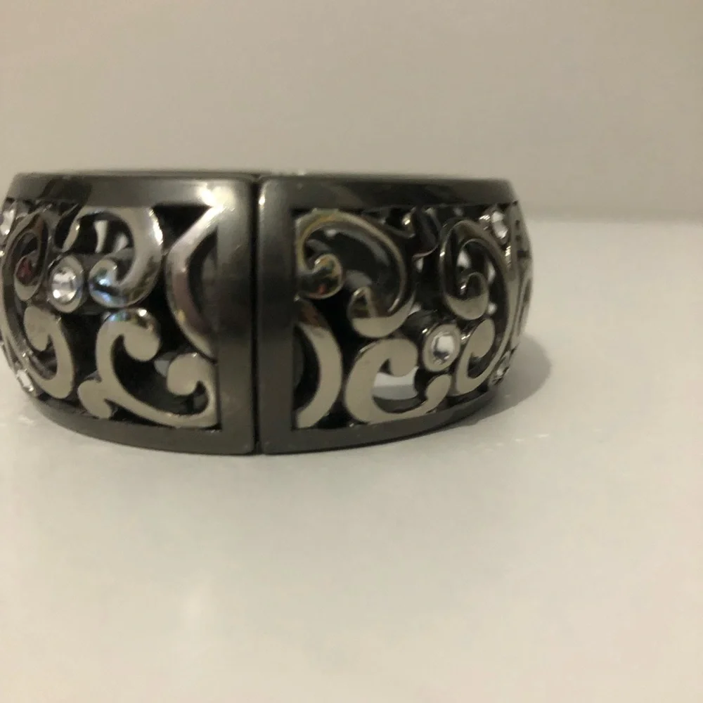 Brighton Contempo Gunmetal Filigree Crystal Accent Hinged Bangle Bracelet
